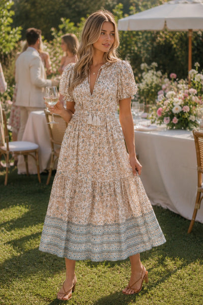 V-Neck Short Sleeve Maxi Dress S / Blue Whimsy Print