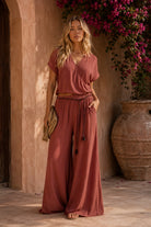 Elan Dark Cayenne Short Sleeve V-Neck Bubble Hem Top-Tops-Elan-Deja Nu Boutique, Women's Fashion Boutique in Lampasas, Texas