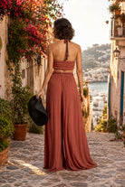 Elan Dark Cayenne Wide Leg Pants with Rope Tie-Pants-Elan-Deja Nu Boutique, Women's Fashion Boutique in Lampasas, Texas