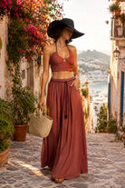 Elan Dark Cayenne Wide Leg Pants with Rope Tie-Pants-Elan-Deja Nu Boutique, Women's Fashion Boutique in Lampasas, Texas