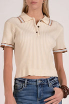 Elan Ribbed Collared Short Sleeve Sweater – Cream-shirts-Elan-Deja Nu Boutique, Women's Fashion Boutique in Lampasas, Texas