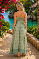 Elan Spaghetti Strap Tie Front Maxi Dress in Sage Boho Print-Maxi Dresses-Elan-Deja Nu Boutique, Women's Fashion Boutique in Lampasas, Texas