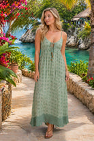 Elan Spaghetti Strap Tie Front Maxi Dress in Sage Boho Print-Maxi Dresses-Elan-Deja Nu Boutique, Women's Fashion Boutique in Lampasas, Texas