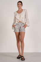 Elan White Long Sleeve Ruffle Blouse-Tops-Elan-Deja Nu Boutique, Women's Fashion Boutique in Lampasas, Texas
