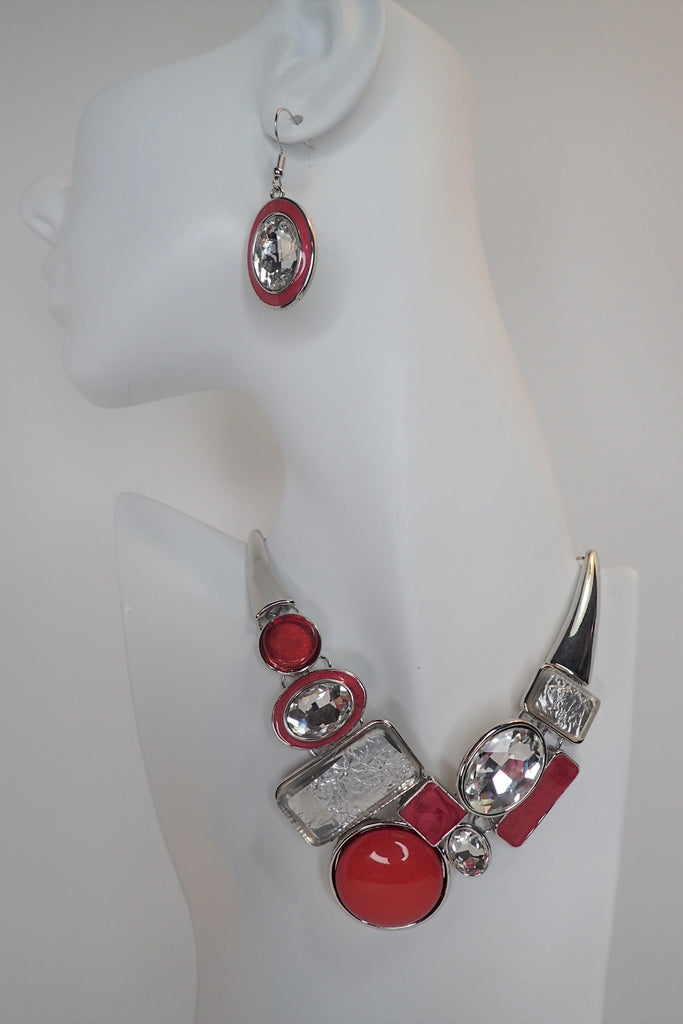 Emma Red And Silver Crystal Necklace Set With Matching Earrings-Necklaces-Emma-Deja Nu Boutique, Women's Fashion Boutique in Lampasas, Texas