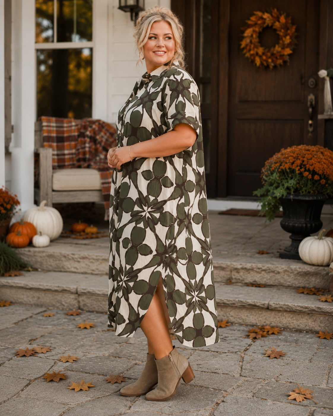 Entro Olive Abstract Print Midi Shirt Dress-Curvy/Plus Dresses-entro-Deja Nu Boutique, Women's Fashion Boutique in Lampasas, Texas