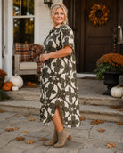 Entro Olive Abstract Print Midi Shirt Dress-Curvy/Plus Dresses-entro-Deja Nu Boutique, Women's Fashion Boutique in Lampasas, Texas