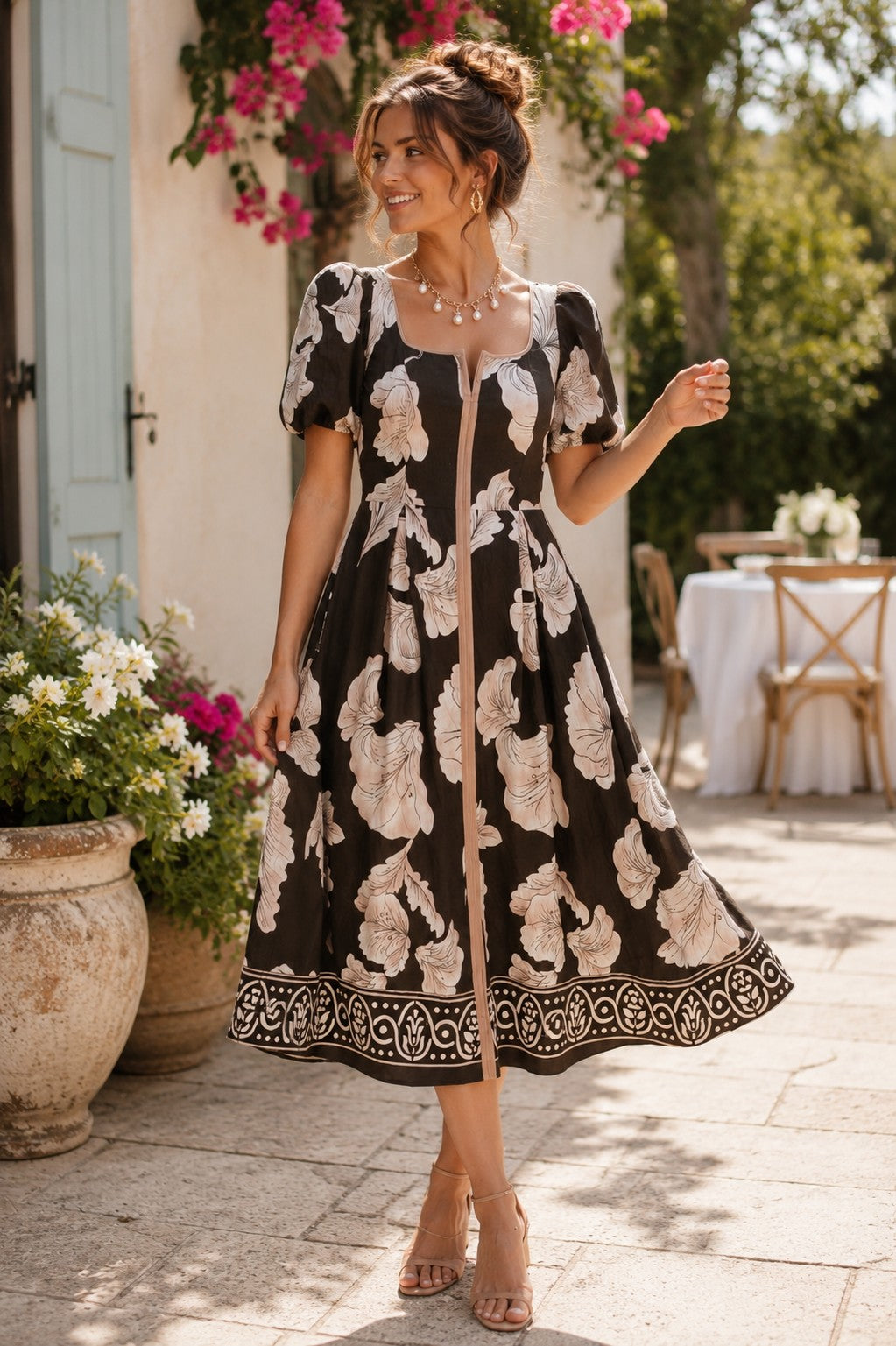 Entro Olive Floral Border Print Midi Dress-Midi Dresses-Entro-Deja Nu Boutique, Women's Fashion Boutique in Lampasas, Texas