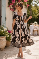 Entro Olive Floral Border Print Midi Dress-Midi Dresses-Entro-Deja Nu Boutique, Women's Fashion Boutique in Lampasas, Texas