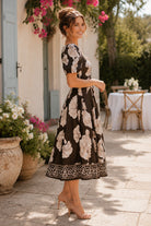 Entro Olive Floral Border Print Midi Dress-Midi Dresses-Entro-Deja Nu Boutique, Women's Fashion Boutique in Lampasas, Texas
