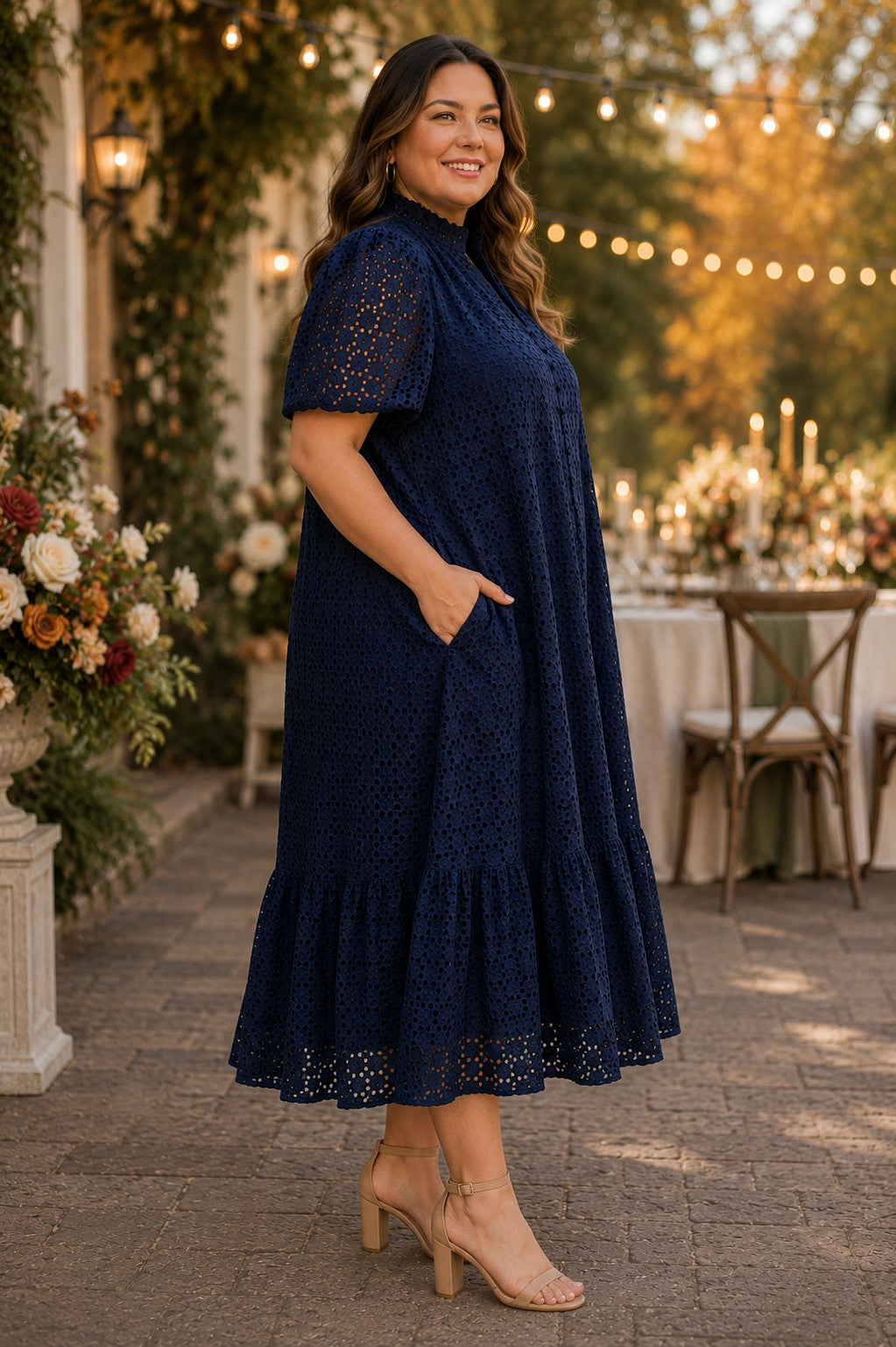 Entro Midnight Elegance Eyelet Midi Dress – Plus Size-Curvy/Plus Dresses-Entro-Deja Nu Boutique, Women's Fashion Boutique in Lampasas, Texas
