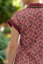 Entro Abstract Cotton Mini Dress with Spread Collar & Ruffle Hem in Wine-mini dress-entro-Deja Nu Boutique, Women's Fashion Boutique in Lampasas, Texas