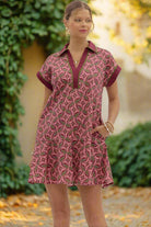 Entro Abstract Cotton Mini Dress with Spread Collar & Ruffle Hem in Wine-mini dress-entro-Deja Nu Boutique, Women's Fashion Boutique in Lampasas, Texas