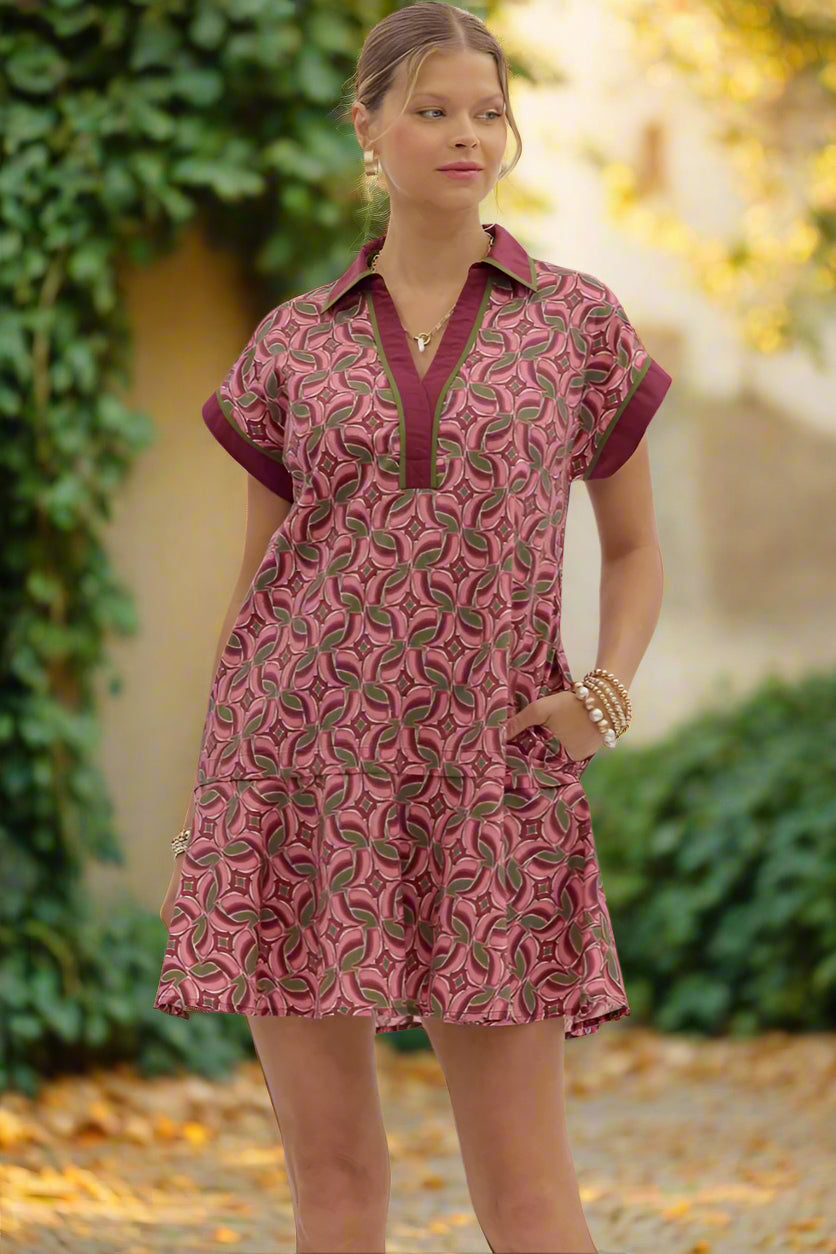 Entro Abstract Cotton Mini Dress with Spread Collar & Ruffle Hem in Wine-mini dress-entro-Deja Nu Boutique, Women's Fashion Boutique in Lampasas, Texas