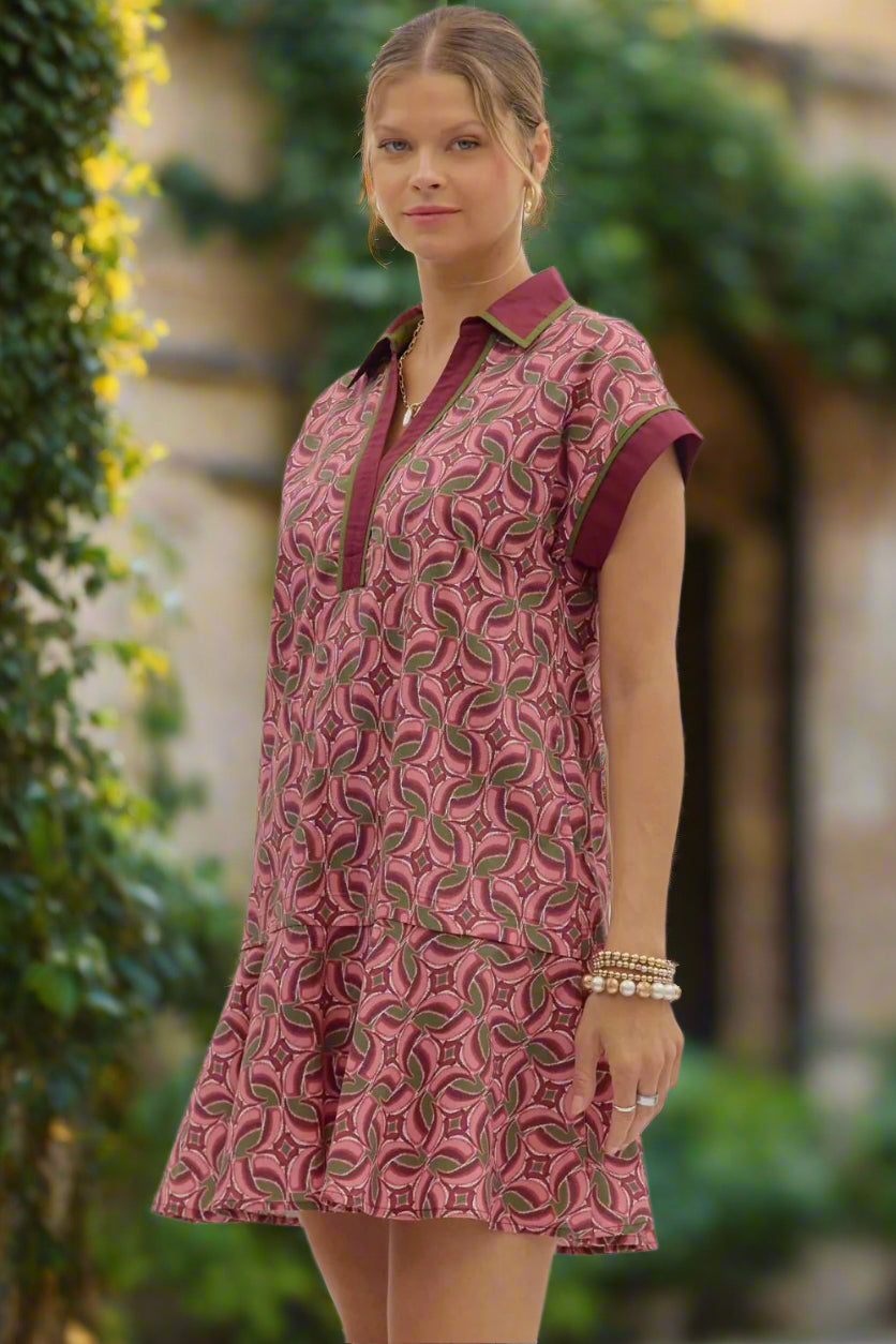 Entro Abstract Cotton Mini Dress with Spread Collar & Ruffle Hem in Wine-mini dress-entro-Deja Nu Boutique, Women's Fashion Boutique in Lampasas, Texas