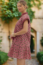 Entro Abstract Cotton Mini Dress with Spread Collar & Ruffle Hem in Wine-mini dress-entro-Deja Nu Boutique, Women's Fashion Boutique in Lampasas, Texas