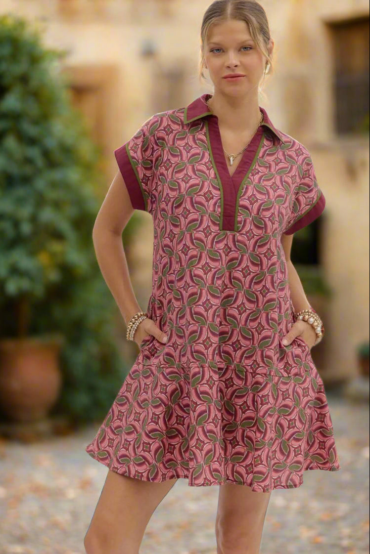 Entro Abstract Cotton Mini Dress with Spread Collar & Ruffle Hem in Wine-mini dress-entro-Deja Nu Boutique, Women's Fashion Boutique in Lampasas, Texas