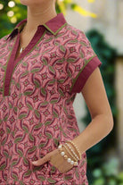 Entro Abstract Cotton Mini Dress with Spread Collar & Ruffle Hem in Wine-mini dress-entro-Deja Nu Boutique, Women's Fashion Boutique in Lampasas, Texas