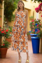 Entro Amber Floral Tiered Midi Dress with Bow-Tie Halter Neck-Midi Dresses-Entro-Deja Nu Boutique, Women's Fashion Boutique in Lampasas, Texas