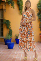 Entro Amber Floral Tiered Midi Dress with Bow-Tie Halter Neck-Midi Dresses-Entro-Deja Nu Boutique, Women's Fashion Boutique in Lampasas, Texas