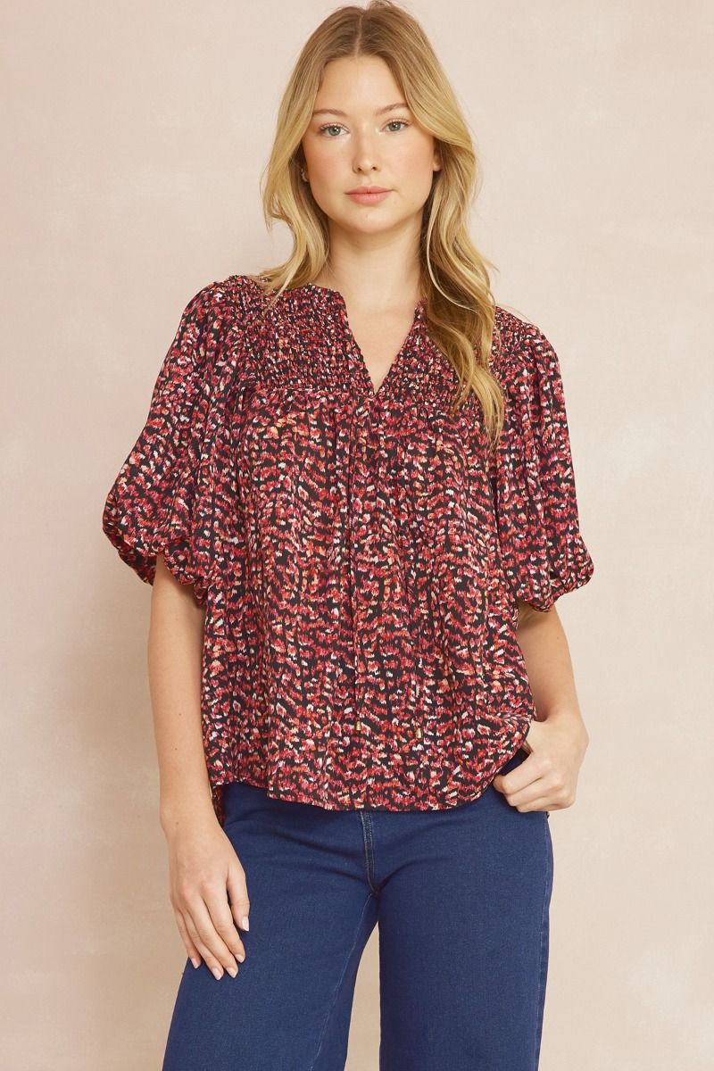 Entro Black Printed V-Neck Half Sleeve Top Featuring Self Tie At Front-Short Sleeves-Entro-Deja Nu Boutique, Women's Fashion Boutique in Lampasas, Texas