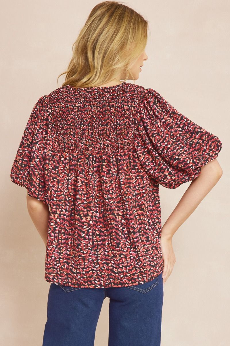 Entro Black Printed V-Neck Half Sleeve Top Featuring Self Tie At Front-Short Sleeves-Entro-Deja Nu Boutique, Women's Fashion Boutique in Lampasas, Texas