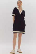 Entro Black Textured V-Neck Mini Dress With Contrasting White Trim-Dresses-Entro-Deja Nu Boutique, Women's Fashion Boutique in Lampasas, Texas