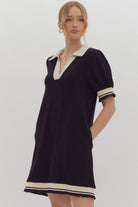 Entro Black Textured V-Neck Mini Dress With Contrasting White Trim-Dresses-Entro-Deja Nu Boutique, Women's Fashion Boutique in Lampasas, Texas