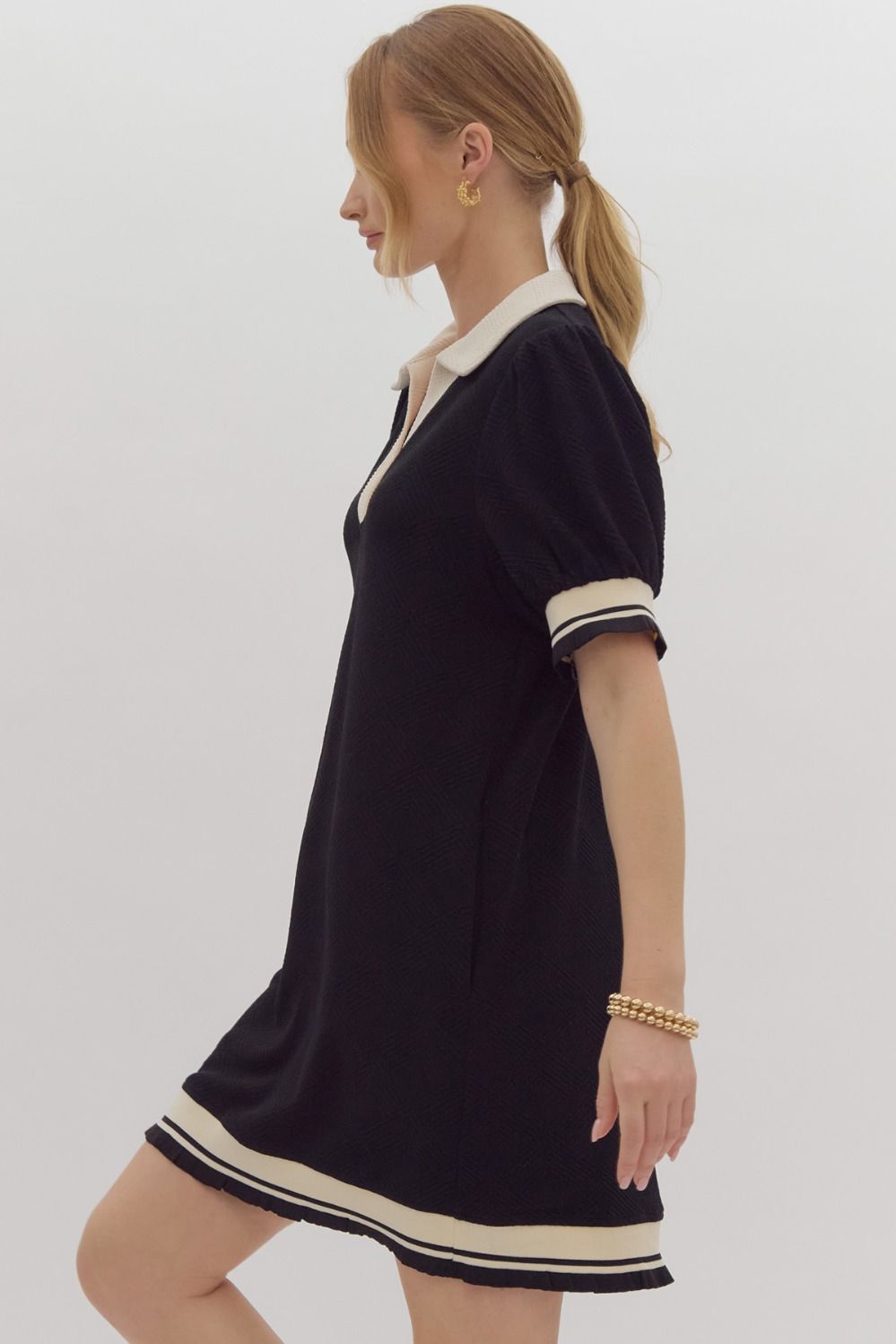 Entro Black Textured V-Neck Mini Dress With Contrasting White Trim-Dresses-Entro-Deja Nu Boutique, Women's Fashion Boutique in Lampasas, Texas