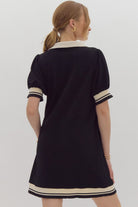 Entro Black Textured V-Neck Mini Dress With Contrasting White Trim-Dresses-Entro-Deja Nu Boutique, Women's Fashion Boutique in Lampasas, Texas