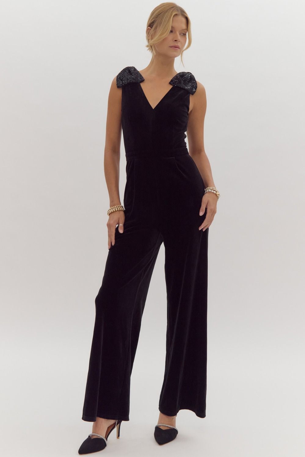 Entro Black Velvet Wide Leg Jumpsuit With Sequin Bow Shoulder-Rompers & Jumpsuits-Entro-Deja Nu Boutique, Women's Fashion Boutique in Lampasas, Texas