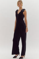 Entro Black Velvet Wide Leg Jumpsuit With Sequin Bow Shoulder-Rompers & Jumpsuits-Entro-Deja Nu Boutique, Women's Fashion Boutique in Lampasas, Texas