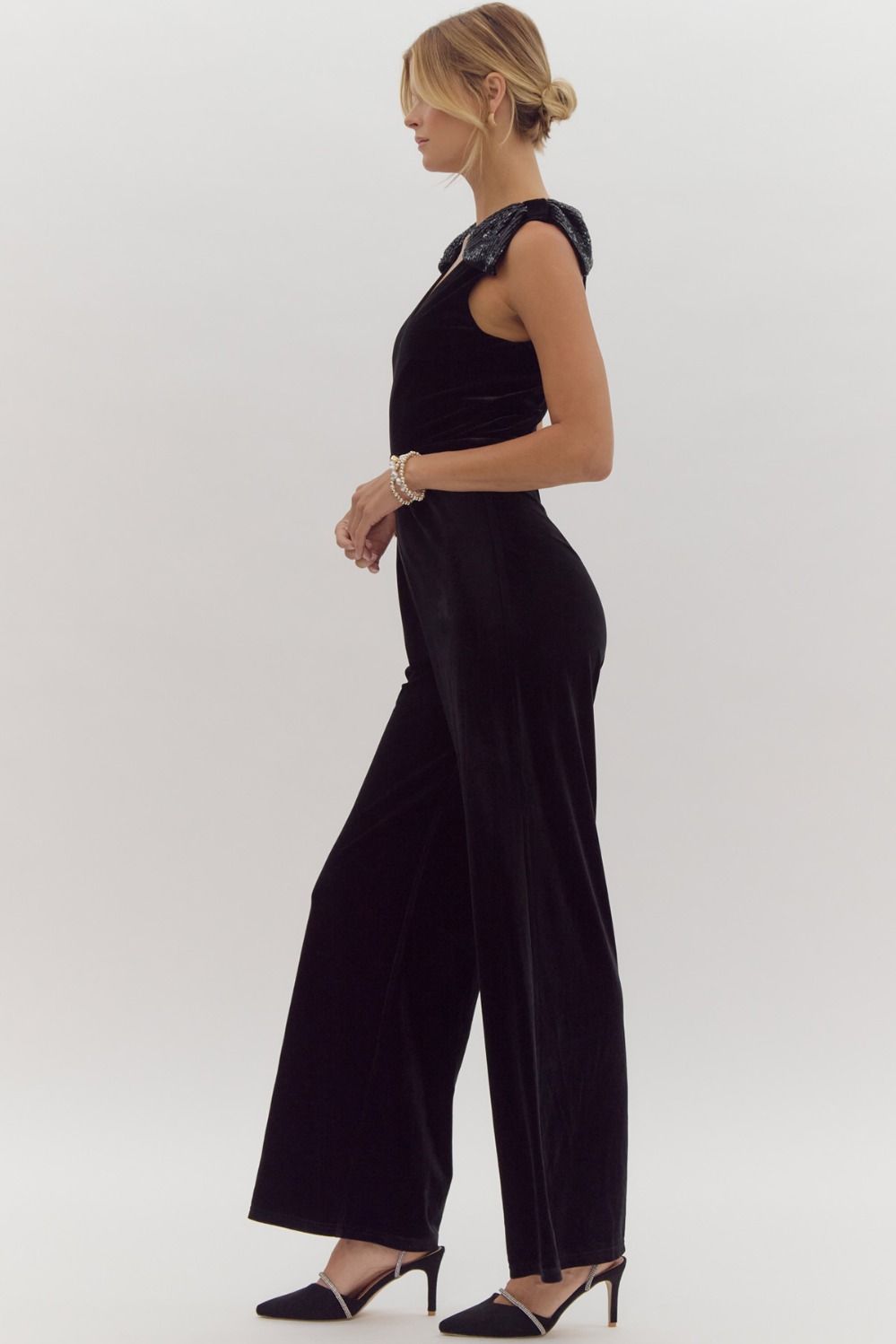 Entro Black Velvet Wide Leg Jumpsuit With Sequin Bow Shoulder-Rompers & Jumpsuits-Entro-Deja Nu Boutique, Women's Fashion Boutique in Lampasas, Texas