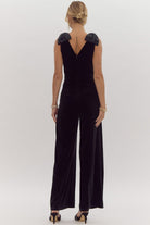 Entro Black Velvet Wide Leg Jumpsuit With Sequin Bow Shoulder-Rompers & Jumpsuits-Entro-Deja Nu Boutique, Women's Fashion Boutique in Lampasas, Texas