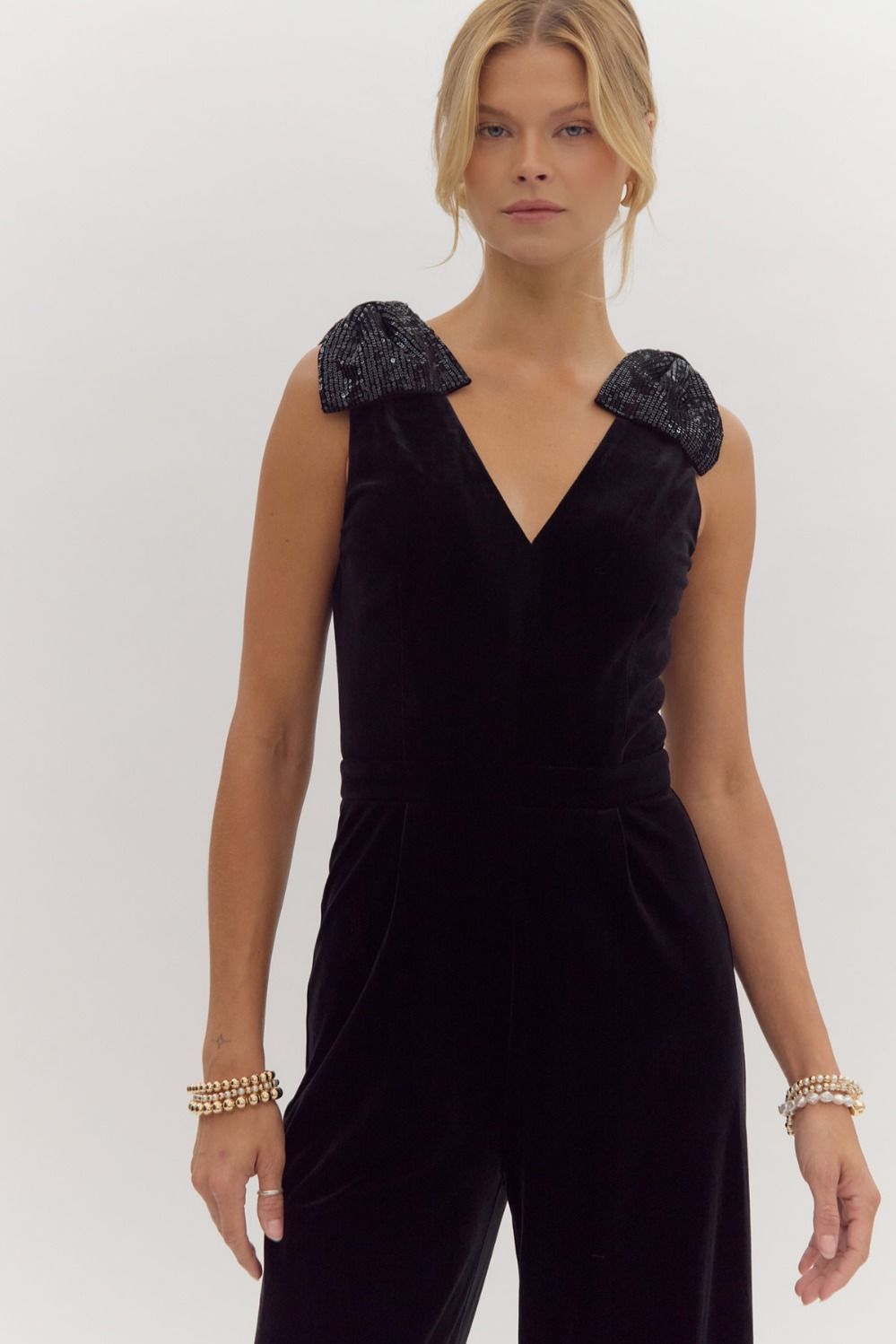 Entro Black Velvet Wide Leg Jumpsuit With Sequin Bow Shoulder-Rompers & Jumpsuits-Entro-Deja Nu Boutique, Women's Fashion Boutique in Lampasas, Texas