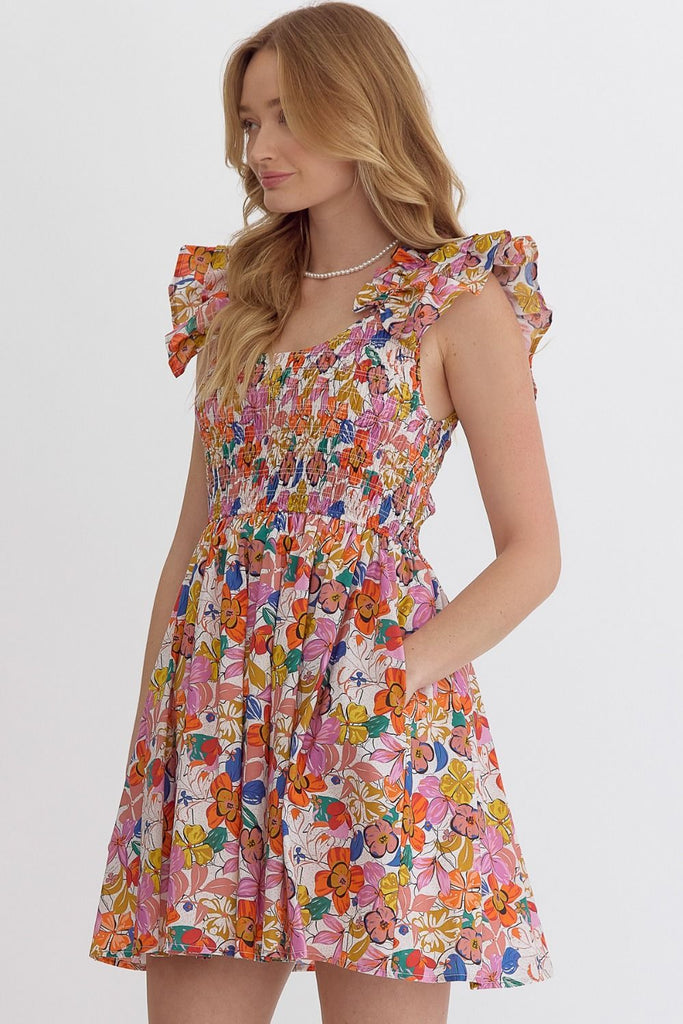 Entro Blooming Beauty Floral Mini Dress with Ruffle Detail And Smocked Bodice-Short Dresses-Entro-Deja Nu Boutique, Women's Fashion Boutique in Lampasas, Texas