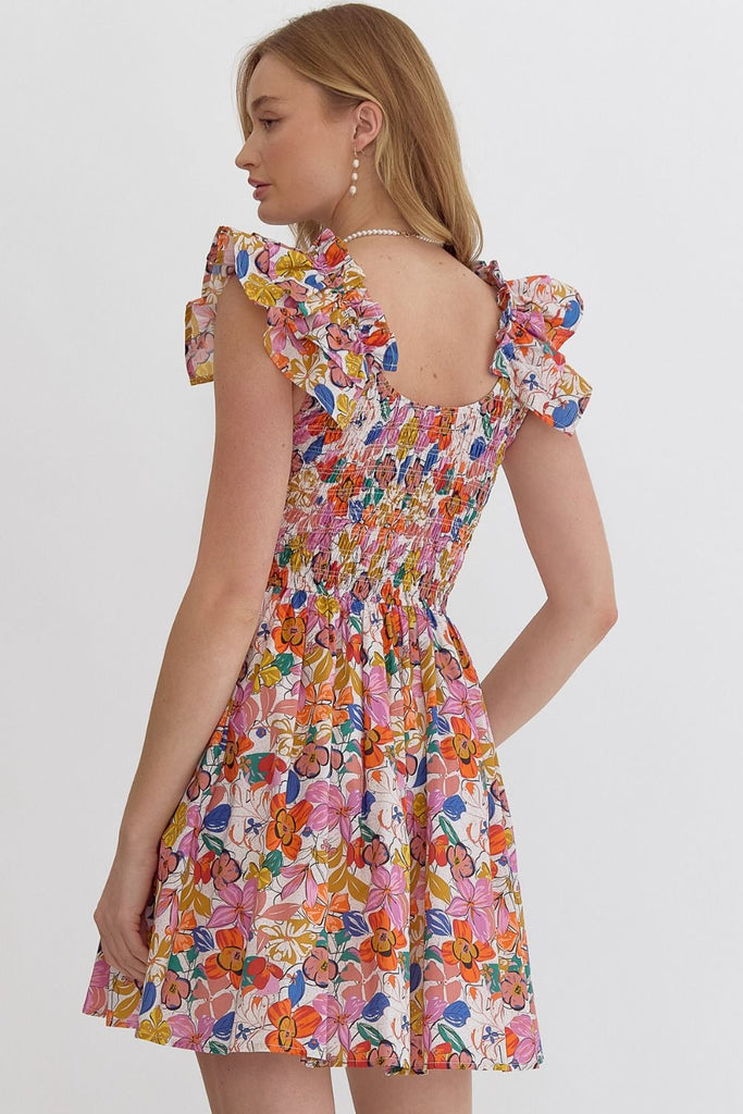 Entro Blooming Beauty Floral Mini Dress with Ruffle Detail And Smocked Bodice-Short Dresses-Entro-Deja Nu Boutique, Women's Fashion Boutique in Lampasas, Texas