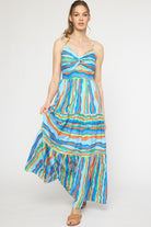 Entro Blue Green Stripe Maxi Dress Featuring Cut Out Detail In Front With Adjustable Straps-Maxi Dresses-Entro-Deja Nu Boutique, Women's Fashion Boutique in Lampasas, Texas