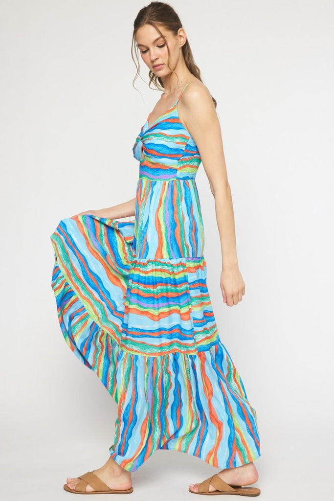 Entro Blue Green Stripe Maxi Dress Featuring Cut Out Detail In Front With Adjustable Straps-Maxi Dresses-Entro-Deja Nu Boutique, Women's Fashion Boutique in Lampasas, Texas