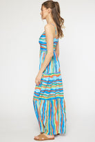 Entro Blue Green Stripe Maxi Dress Featuring Cut Out Detail In Front With Adjustable Straps-Maxi Dresses-Entro-Deja Nu Boutique, Women's Fashion Boutique in Lampasas, Texas