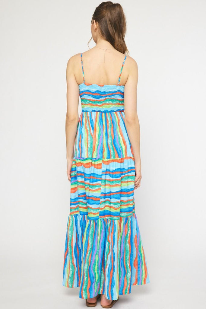 Entro Blue Green Stripe Maxi Dress Featuring Cut Out Detail In Front With Adjustable Straps-Maxi Dresses-Entro-Deja Nu Boutique, Women's Fashion Boutique in Lampasas, Texas