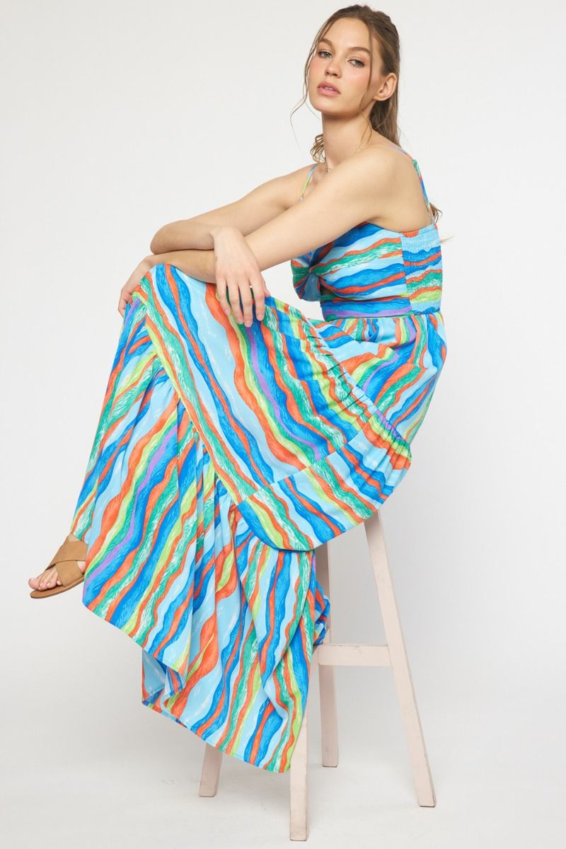 Entro Blue Green Stripe Maxi Dress Featuring Cut Out Detail In Front With Adjustable Straps-Maxi Dresses-Entro-Deja Nu Boutique, Women's Fashion Boutique in Lampasas, Texas