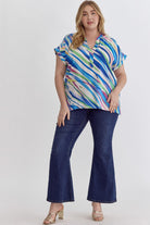 Entro Blue Multi Tiger Print V-Neck Top With Permanent Rolled Cuff Plus-Curvy/Plus Tops-Entro-Deja Nu Boutique, Women's Fashion Boutique in Lampasas, Texas