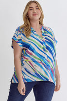 Entro Blue Multi Tiger Print V-Neck Top With Permanent Rolled Cuff Plus-Curvy/Plus Tops-Entro-Deja Nu Boutique, Women's Fashion Boutique in Lampasas, Texas