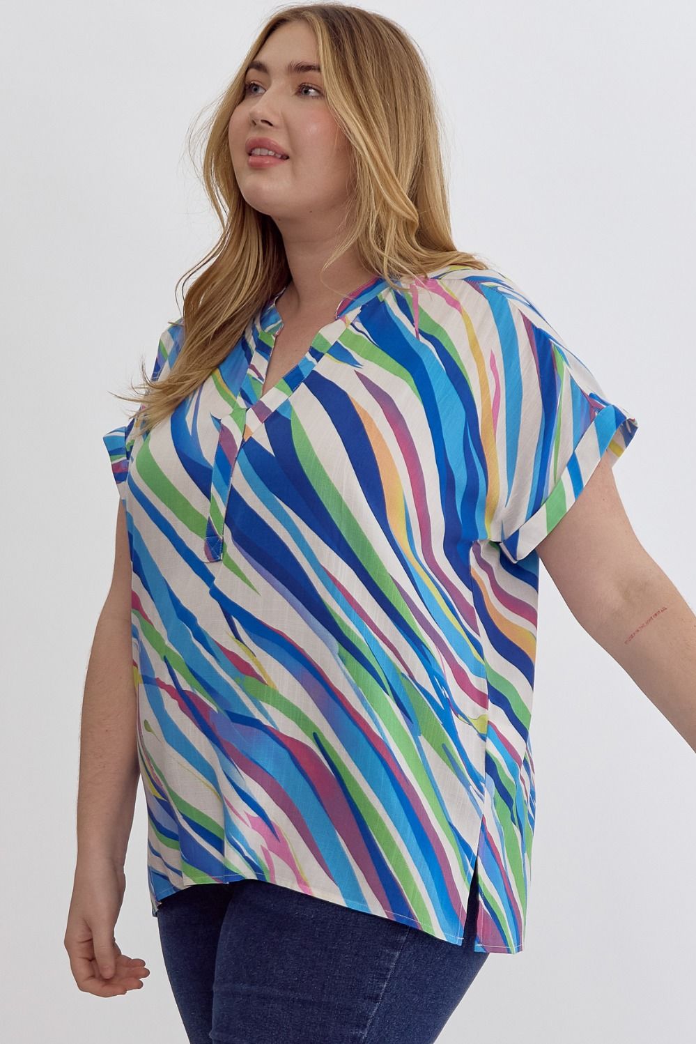 Entro Blue Multi Tiger Print V-Neck Top With Permanent Rolled Cuff Plus-Curvy/Plus Tops-Entro-Deja Nu Boutique, Women's Fashion Boutique in Lampasas, Texas