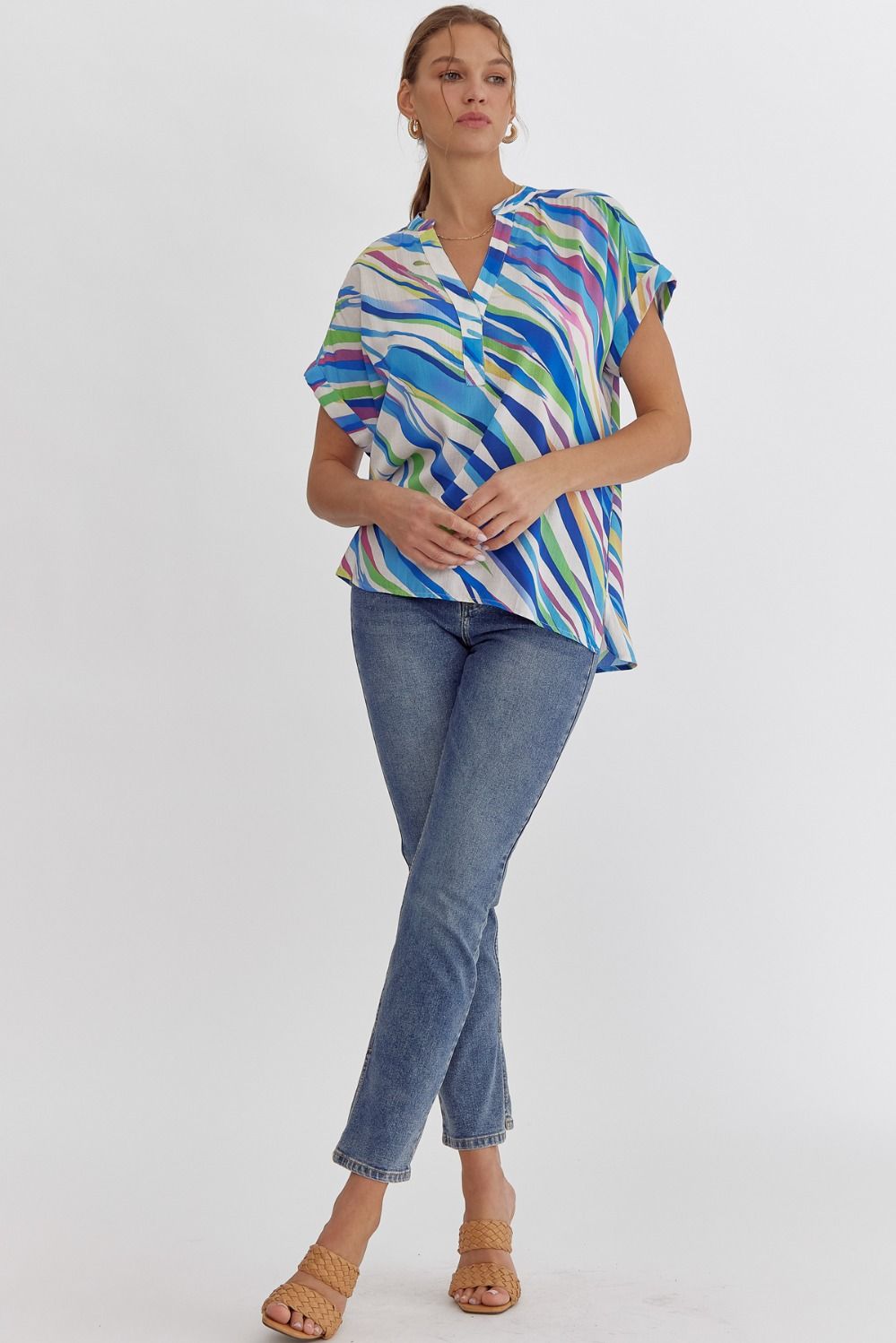 Entro Blue Multi Tiger Print V-Neck Top With Permanent Rolled Cuff-Tops-Entro-Deja Nu Boutique, Women's Fashion Boutique in Lampasas, Texas