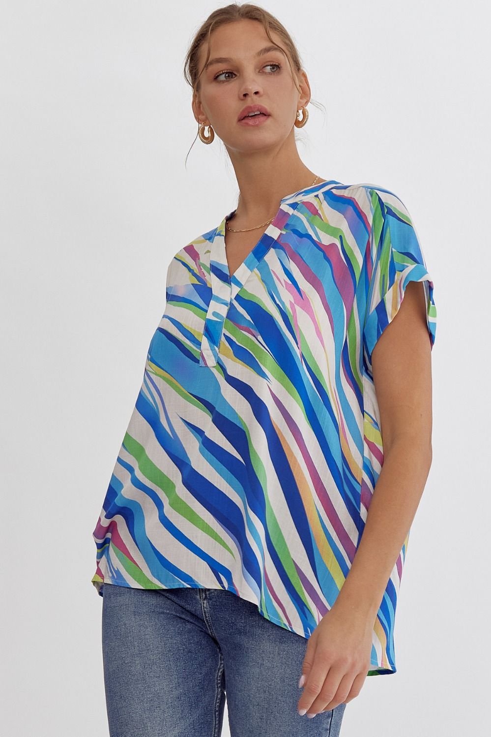 Entro Blue Multi Tiger Print V-Neck Top With Permanent Rolled Cuff-Tops-Entro-Deja Nu Boutique, Women's Fashion Boutique in Lampasas, Texas