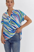 Entro Blue Multi Tiger Print V-Neck Top With Permanent Rolled Cuff-Tops-Entro-Deja Nu Boutique, Women's Fashion Boutique in Lampasas, Texas