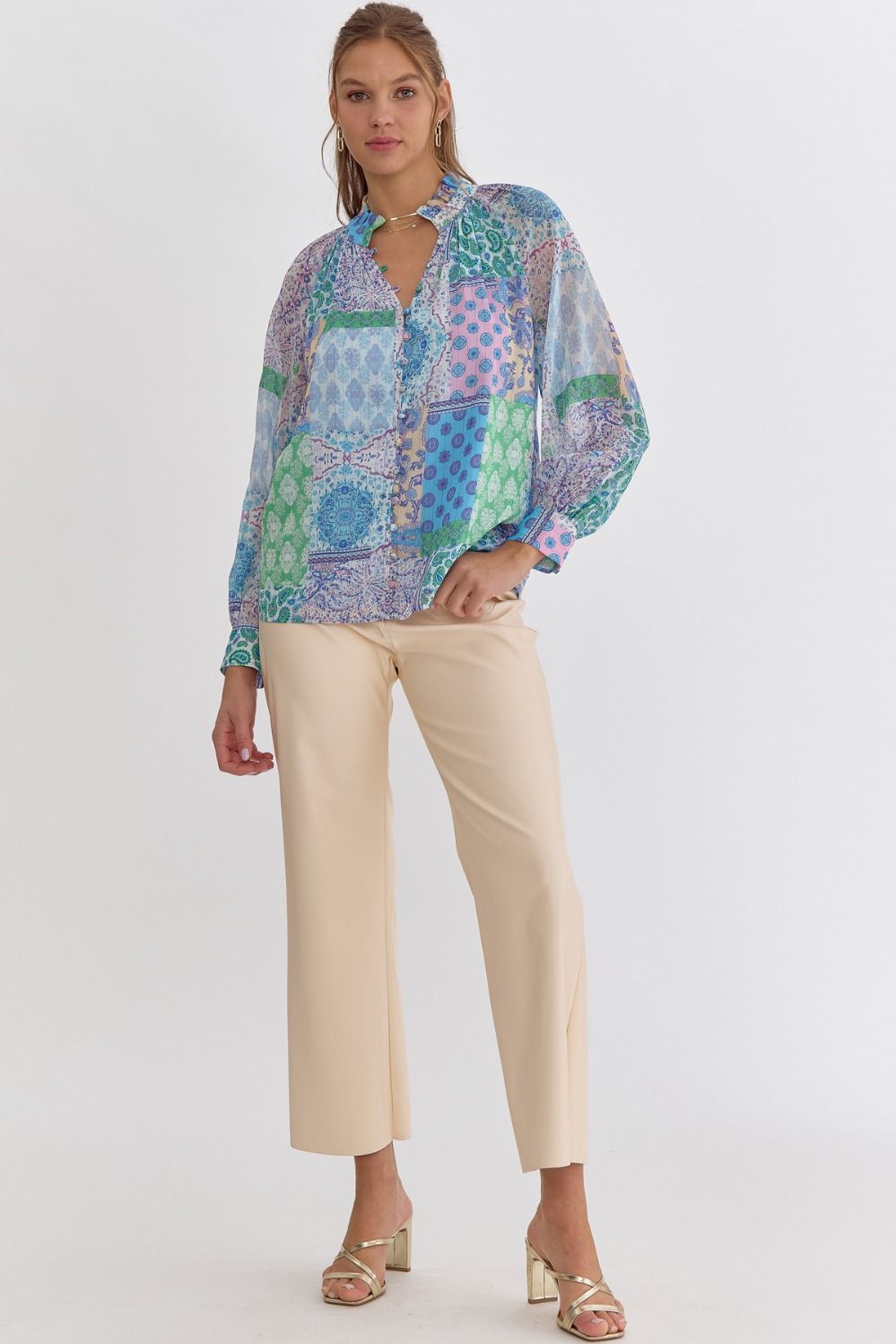 Entro Blue Patchwork Print Long Sleeve Blouse-Tops-Entro-Deja Nu Boutique, Women's Fashion Boutique in Lampasas, Texas