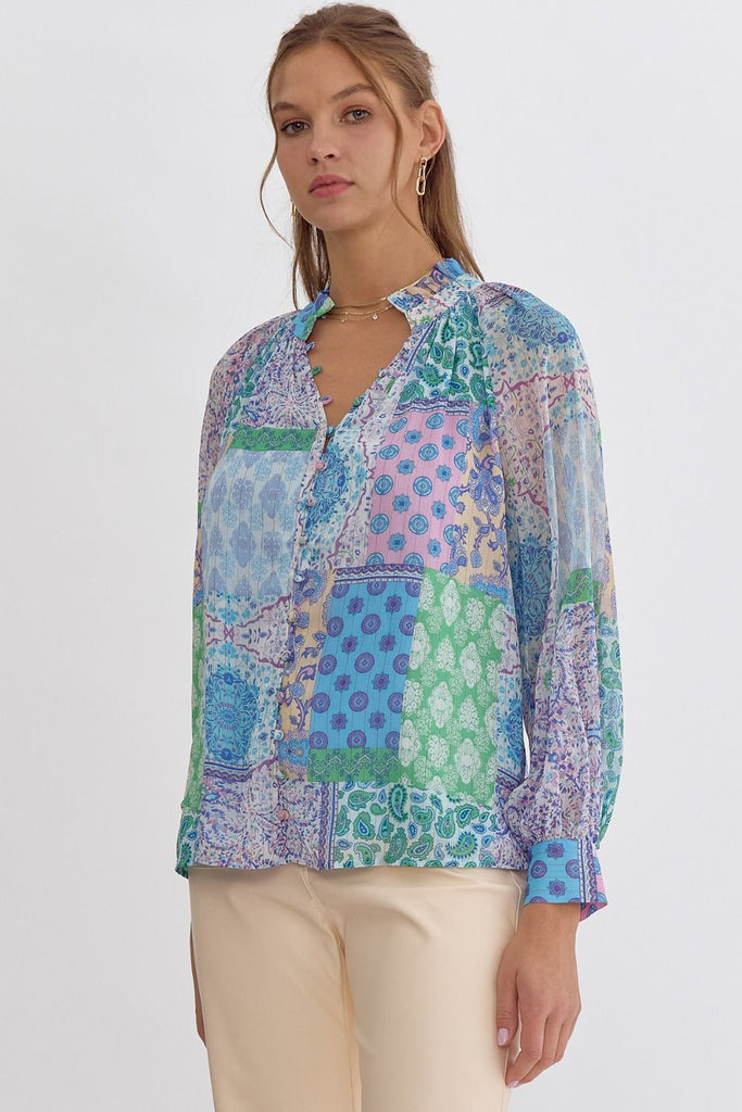 Entro Blue Patchwork Print Long Sleeve Blouse-Tops-Entro-Deja Nu Boutique, Women's Fashion Boutique in Lampasas, Texas